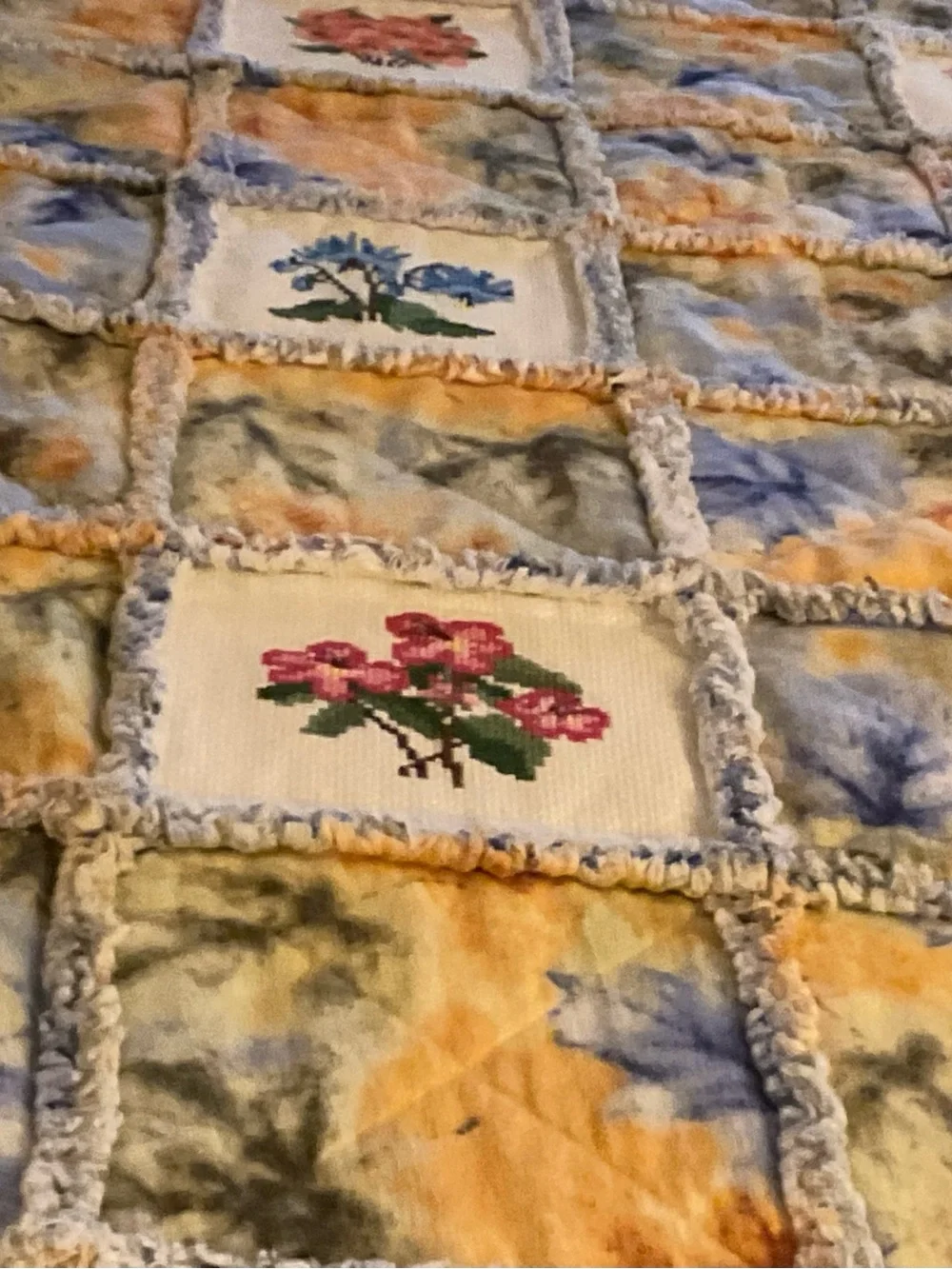 Vintage Handmade Floral Patchwork embroidered Quilt .